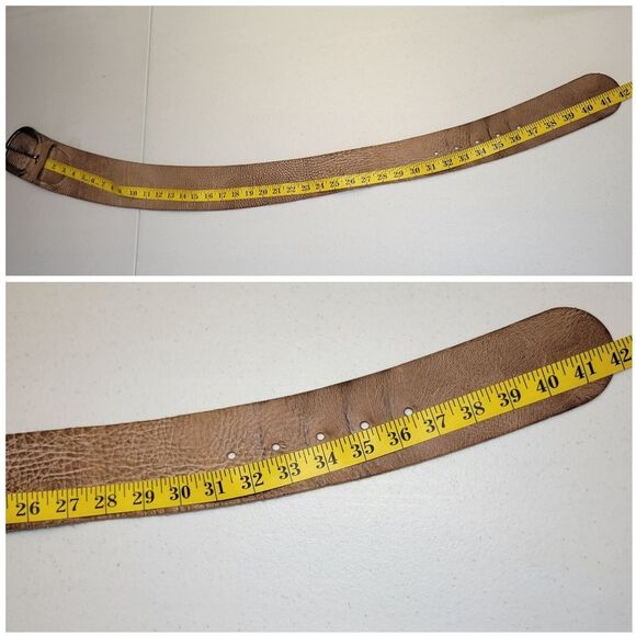 Sam Brown Wide Asymmetrical Tan Leather Belt Oversized Silver Buckle Boho - Picture 14 of 14